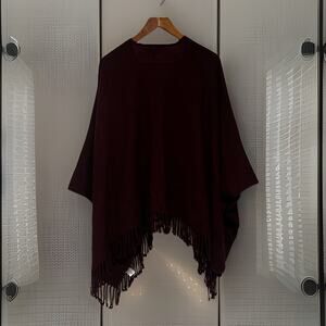 TALBOTS Fringed Shawl/Wrap Burgundy Wool Blend One Size Boho Preppy Outdoors